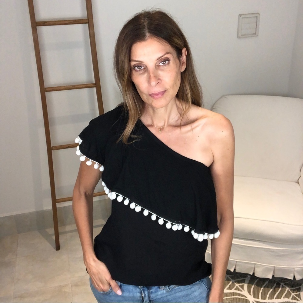 𝅺design 365 black one shoulder blouse with Pom poms size medium